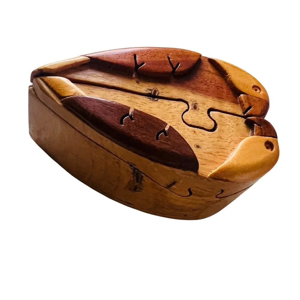Vintage Wooden Puzzle Trinket Box Love Birds Parrot Hand Carved Artisan Folkart